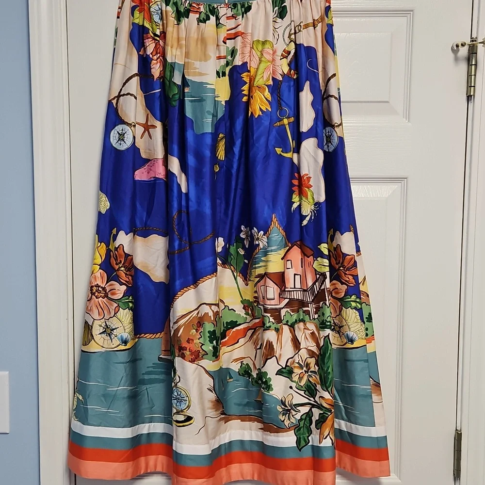 ANTONIO MELANI Evie‎ Cotton A-line Maxi Skirt: Ocean Print: Size-14